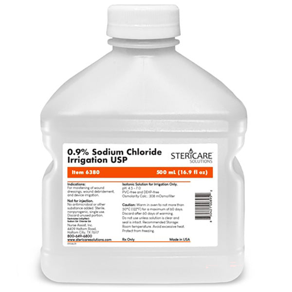 Nurse Assist USP 0.9% Sodium Chloride for Irrigation, Square Bottle, Break Band Cap, 500 mL - REPLACES WE6280