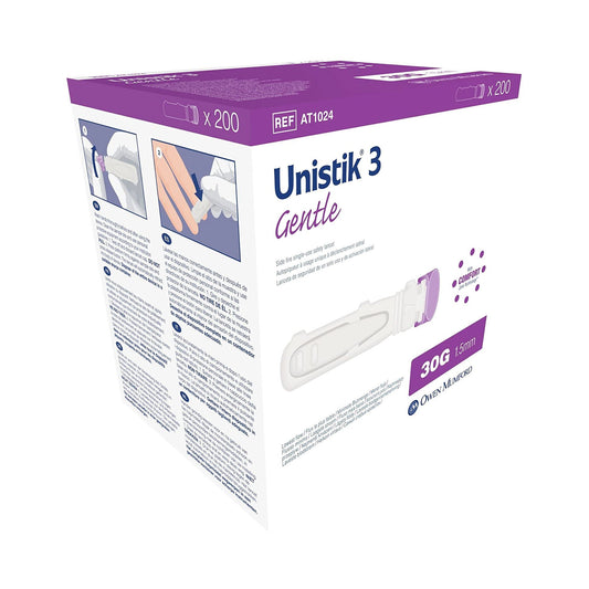 Unistik® 3 Comfort Safety Lancet for Low Flow Blood Glucose Testing, HbA1c, BX/100