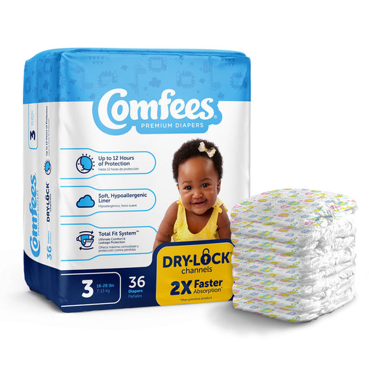 Attends Comfees Premium Diapers, Unisex, Baby, Tab Closure, Size 3, CS/144