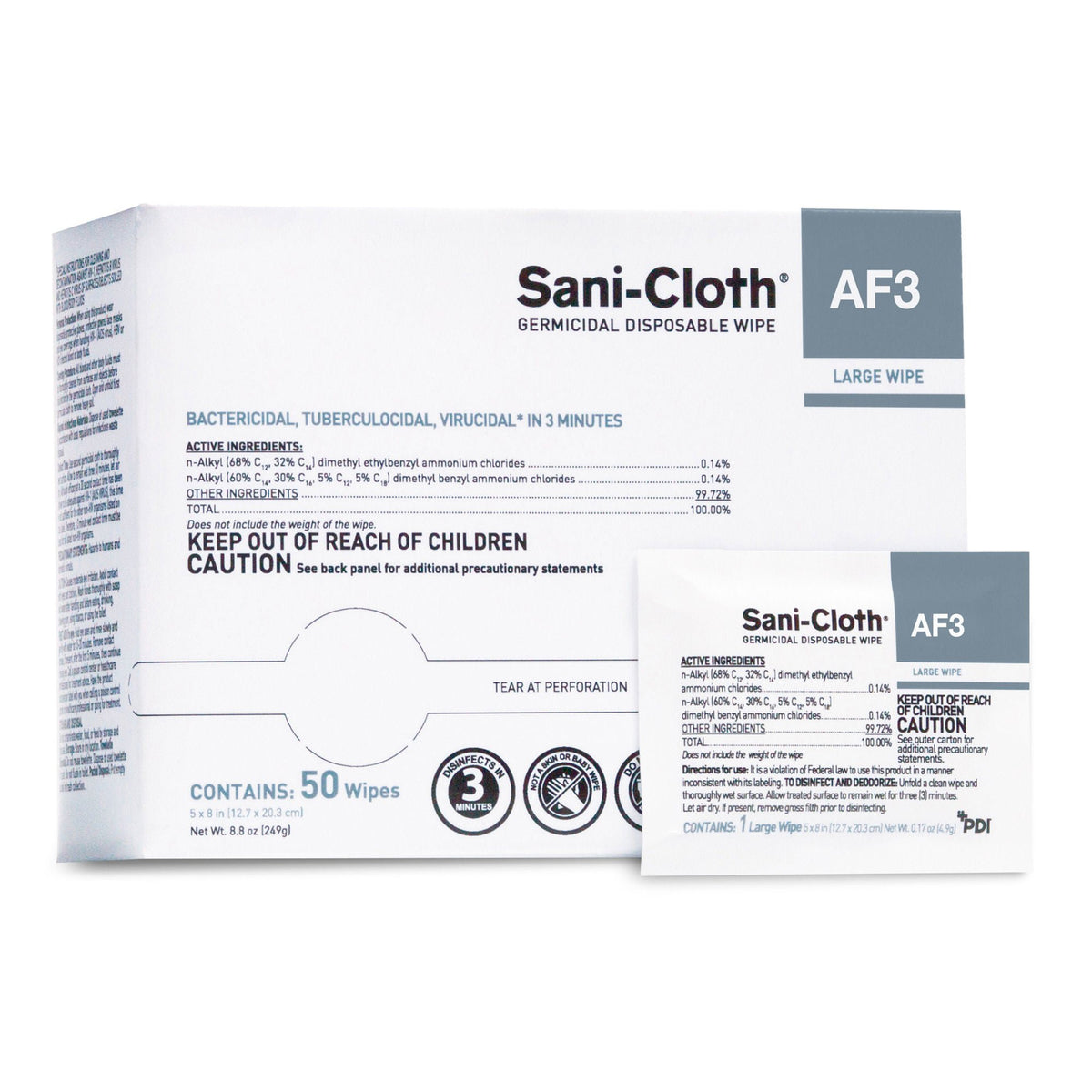 Sani-Cloth® AF3 Germicidal Large Disinfectant Wipes, Individual Packet, 50 ct., BX/50