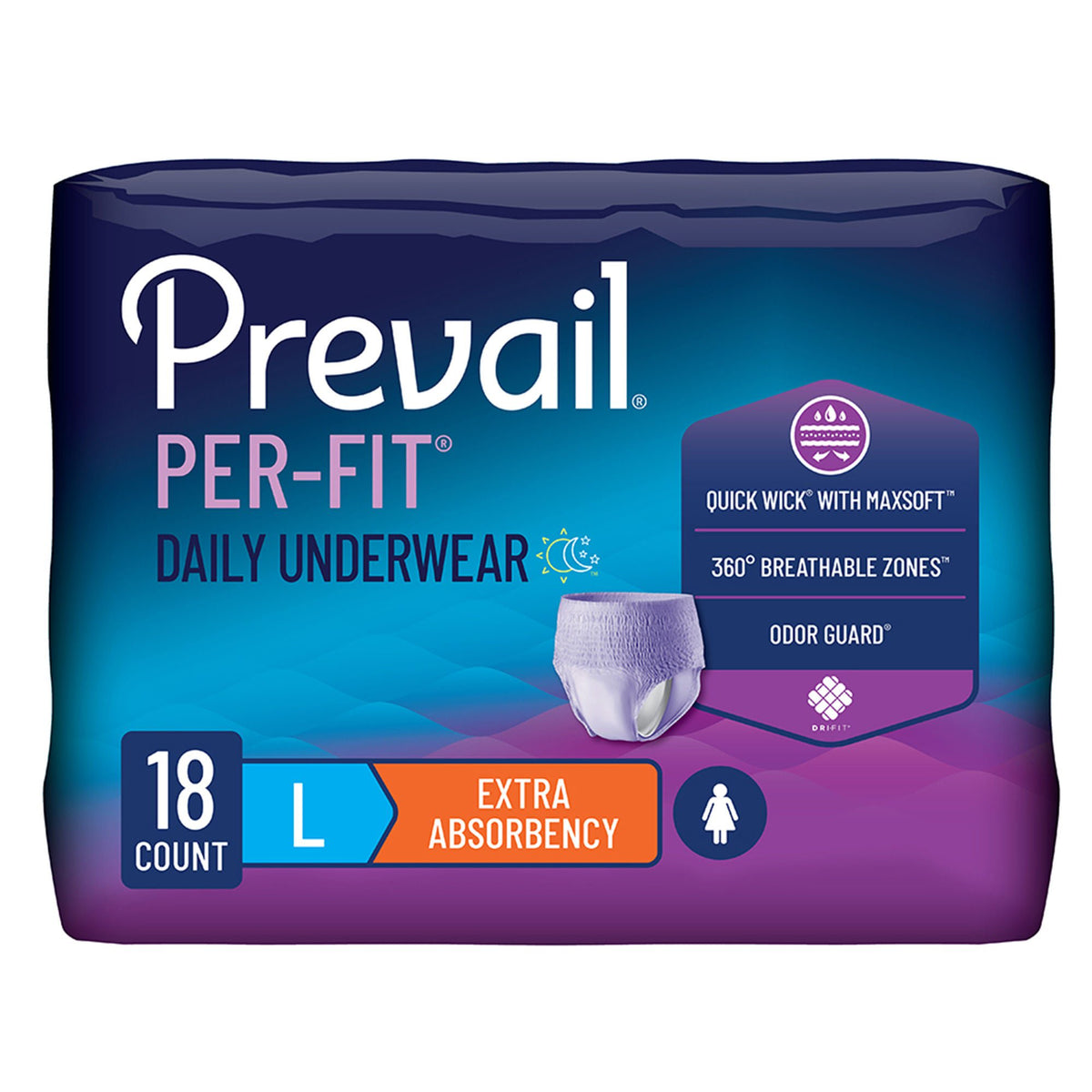 Prevail® Per-Fit® Women Extra Absorbent Underwear, Large, CS/72