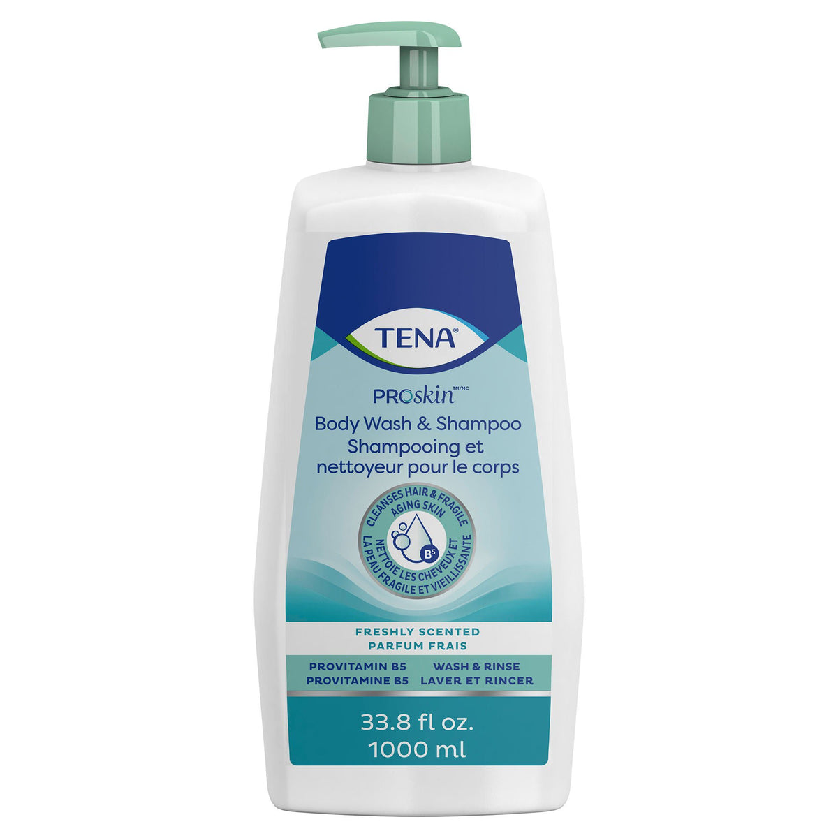 Tena Unscented Shampoo and Body Wash, Pump Bottle, 1,000 mL, EA/1