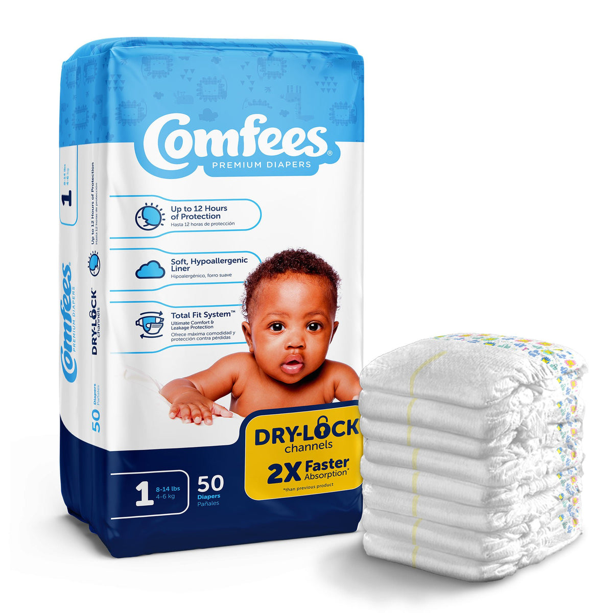 Attends Comfees Premium Diapers, Unisex, Tab Closure, Size 1, BG/50