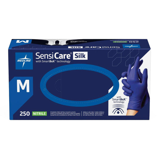 Exam Glove SensiCare® Silk Medium 250 per Box NonSterile Nitrile Standard Cuff Length Textured Fingertips Dark Blue Chemo Tested
