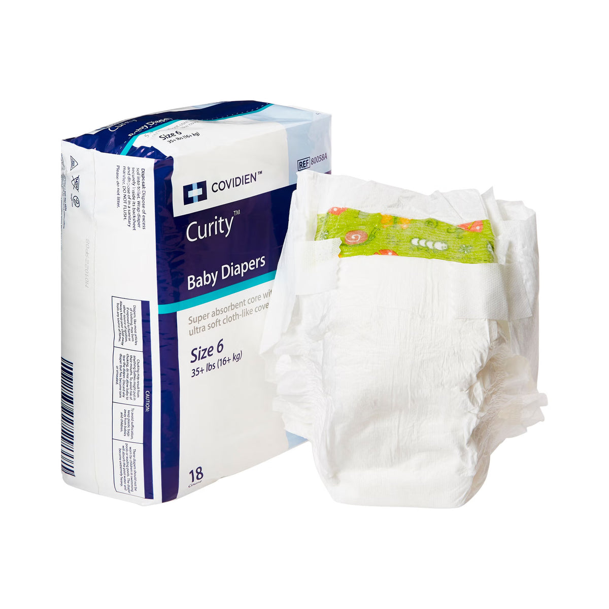Cardinal Health, Baby Diapers, Wings, Size 6, 2X-Large, Over 35lbs. Hook & Loop Fastening System, Latex-free.