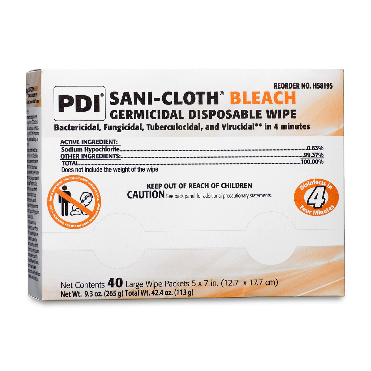 Sani-Cloth® Bleach Germicidal Large Disinfectant Wipes, 5 x 7 Inch, PK/40