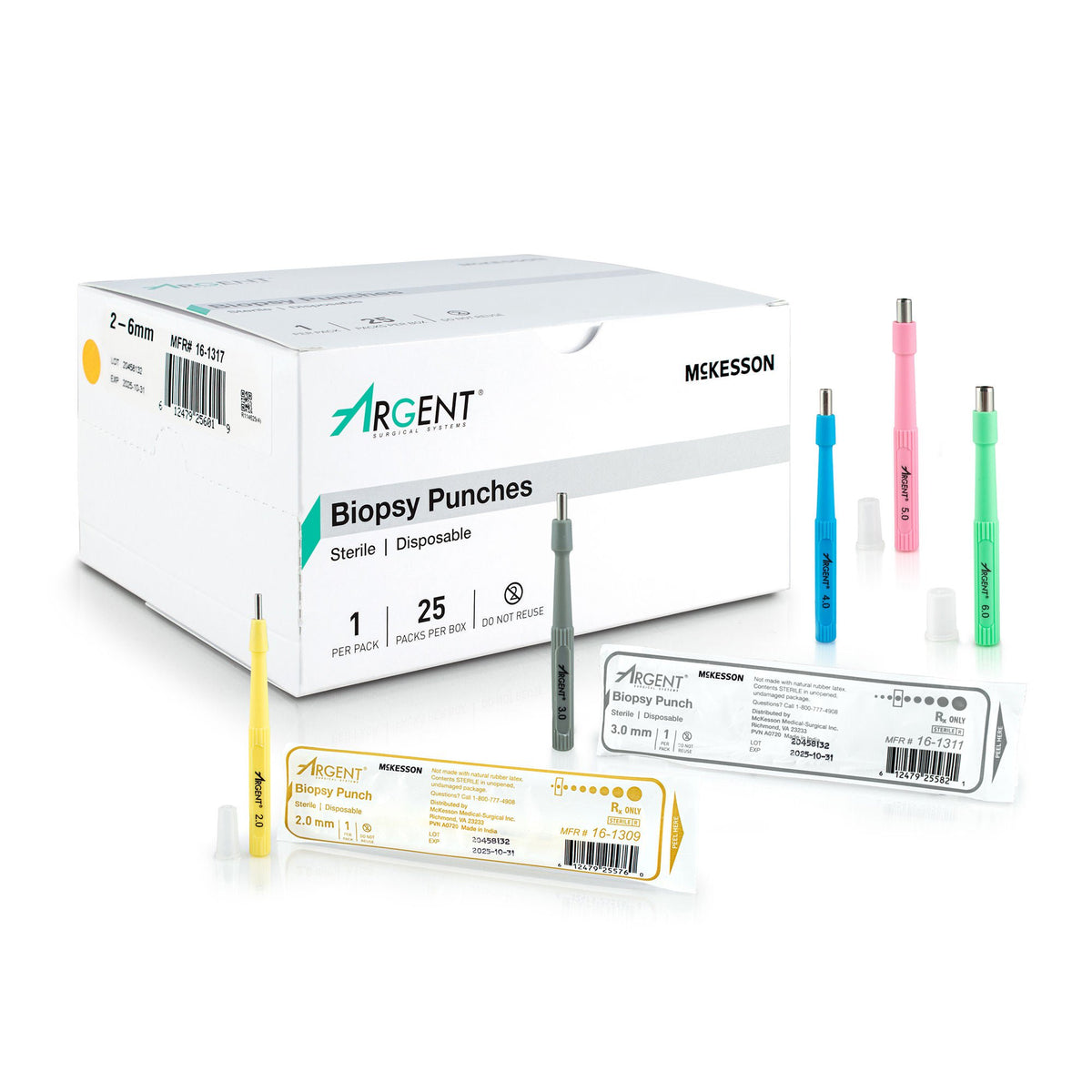 McKesson Argent™ Disposable Biopsy Punches, 2.0 - 6.0 mm, BX/25