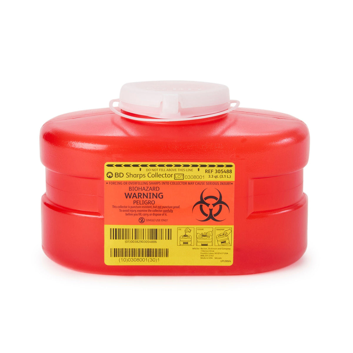 BD Red Sharps Container, 3.3 Quart, 5.3 x 9.1 x 5 Inch, EA/1