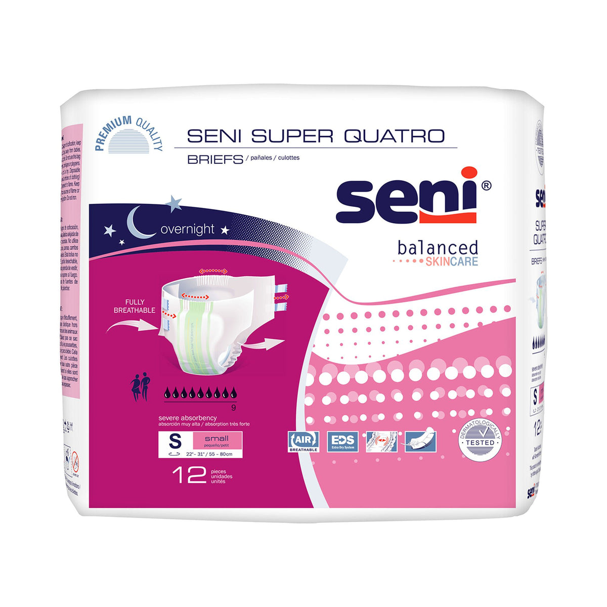 Seni® Super Quatro Severe Absorbency Incontinence Brief, Small, PK/12