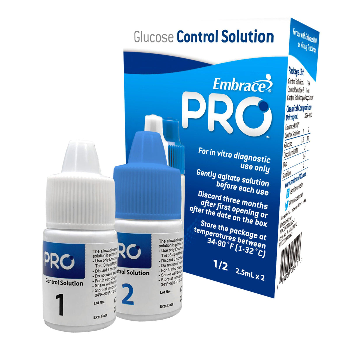Embrace® Pro Control Solution Level 1 & 2 for use w/ Embrace Meter & Test Strips, VL/1