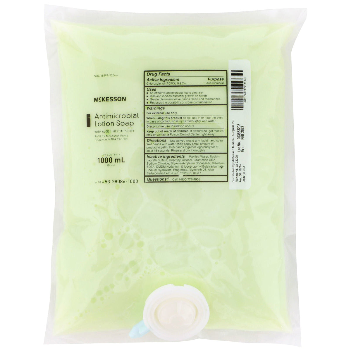 McKesson Antimicrobial Lotion Soap, Herbal Scent, With Aloe, 1,000 mL Refill Bag, EA/1