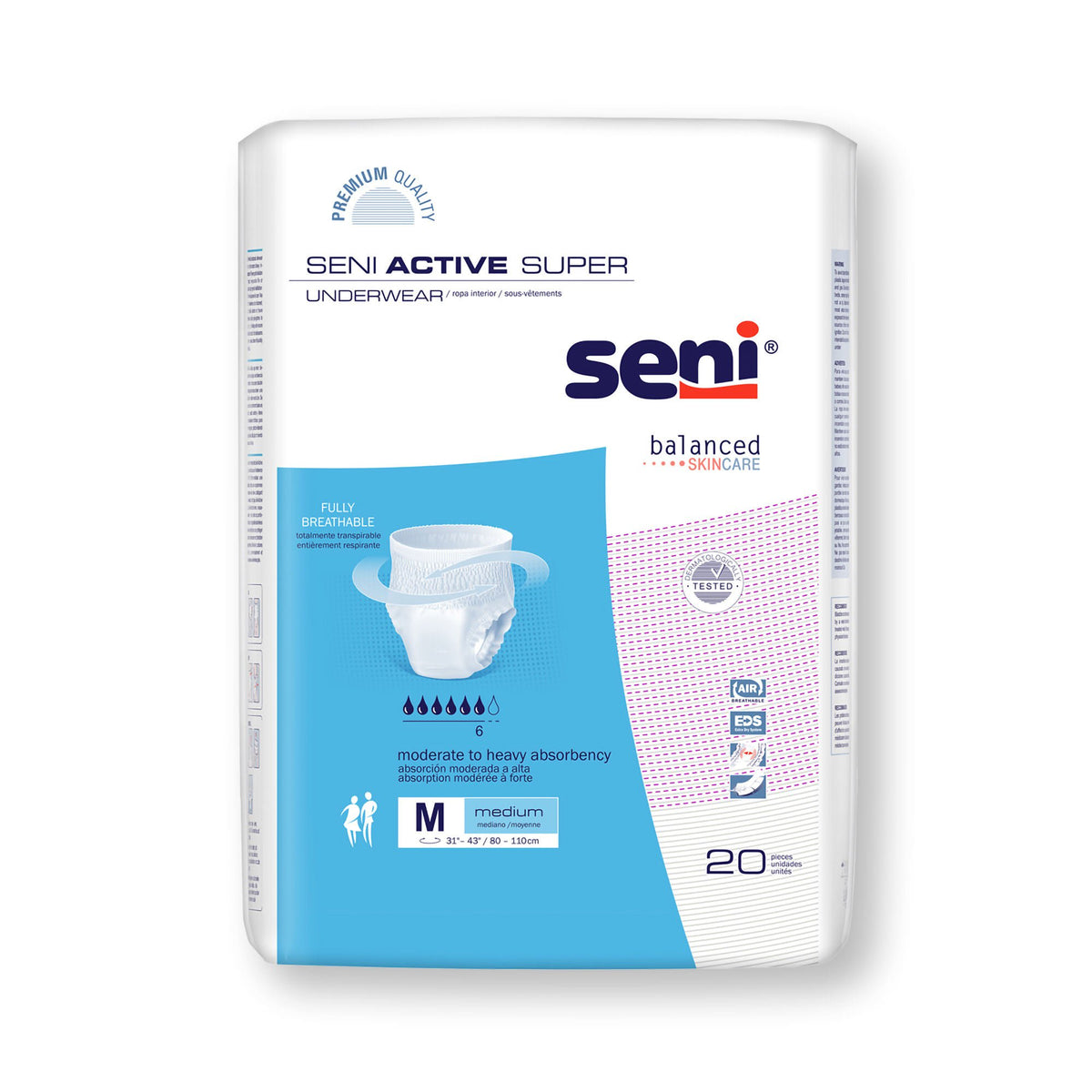 Seni® Active Super Moderate to Heavy Absorbent Underwear, Medium, PK/20