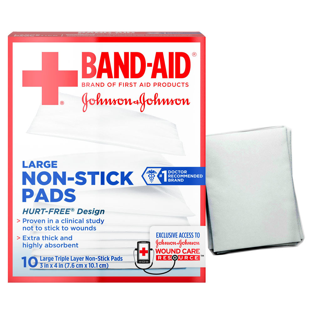 J & J Band-Aid First Aid Non-Stick Pads, Large, 3" x 4", 10 ct., BX/10