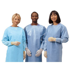 Impervious plastic film gown, blue, universal size with thumbhooks.