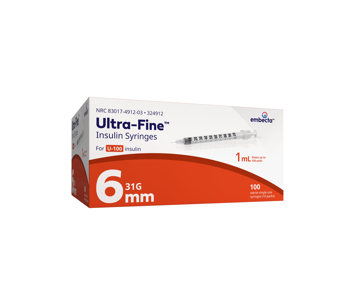 Ultra-Fine Insulin Syringe with Half-Unit Scale 31G x 6 mm, 1 mL (100 count)