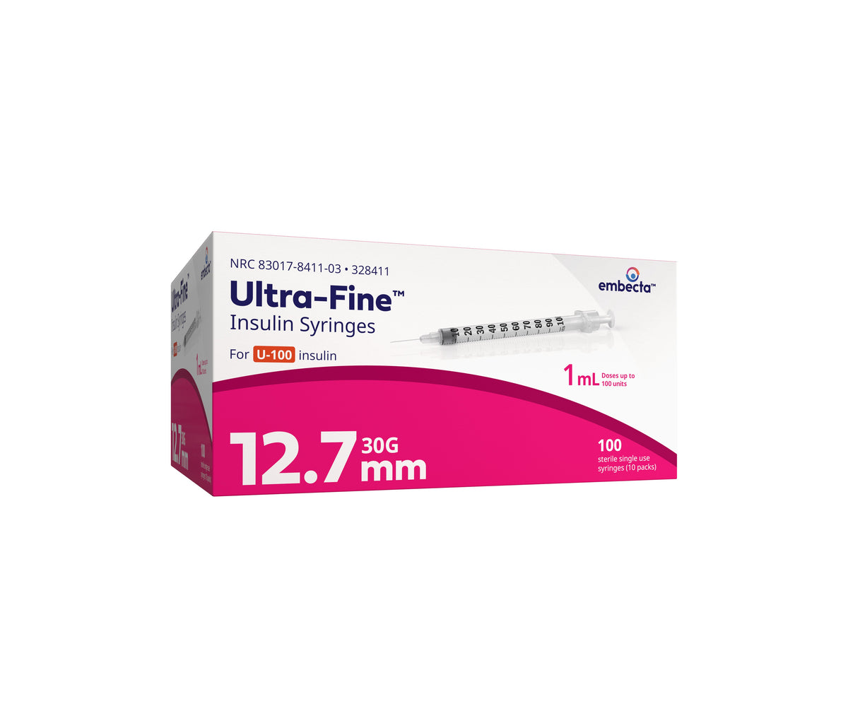 Insulin Syringe with Ultra-Fine Needle 30G x 1/2", 1 mL (100 count)
