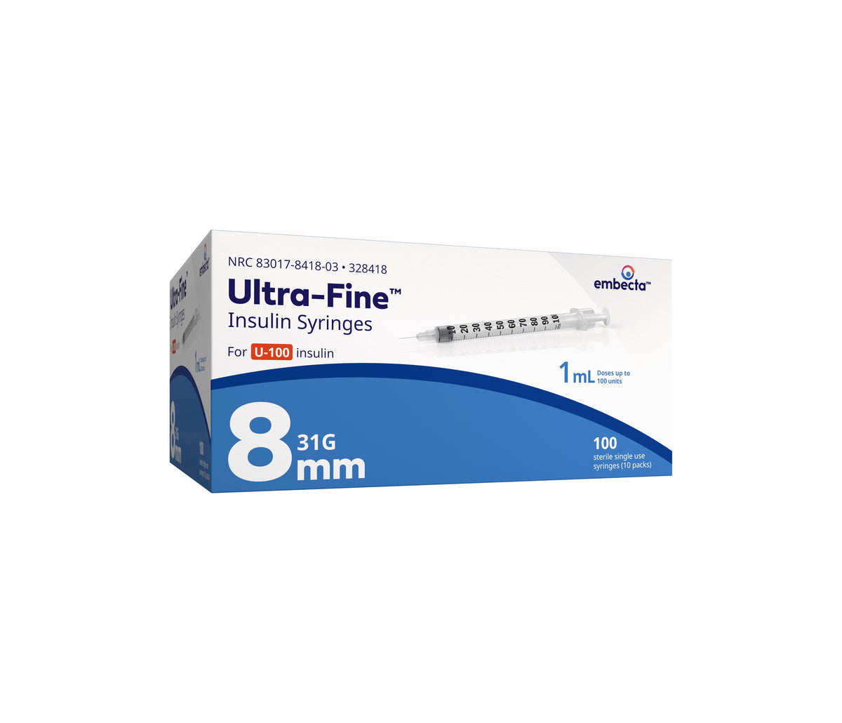 Insulin Syringe with Ultra-Fine Needle 31G x 5/16", 1 mL (100 count)