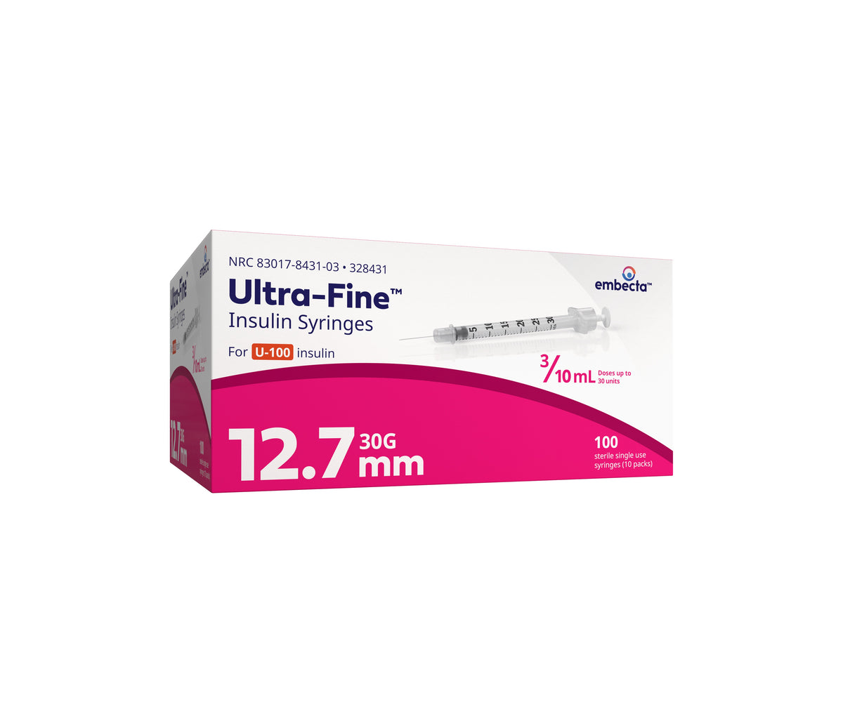 Insulin Syringe with Ultra-Fine Needle 30G x 1/2", 3/10 mL (100 count)