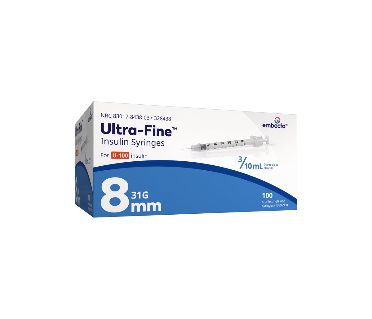 Insulin Syringe with Ultra-Fine Needle 31G x 5/16", 3/10 mL (100 count)