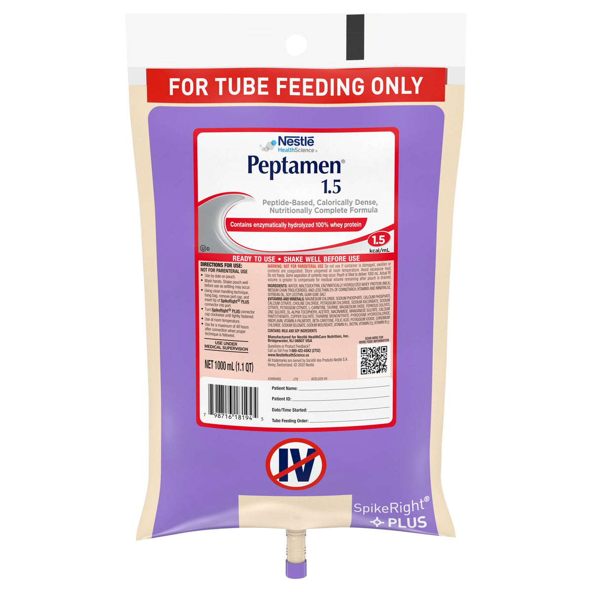 Peptamen® 1.5 Peptide-Based Nutritionally Complete Formula, 1 Liter Bag, CS/6