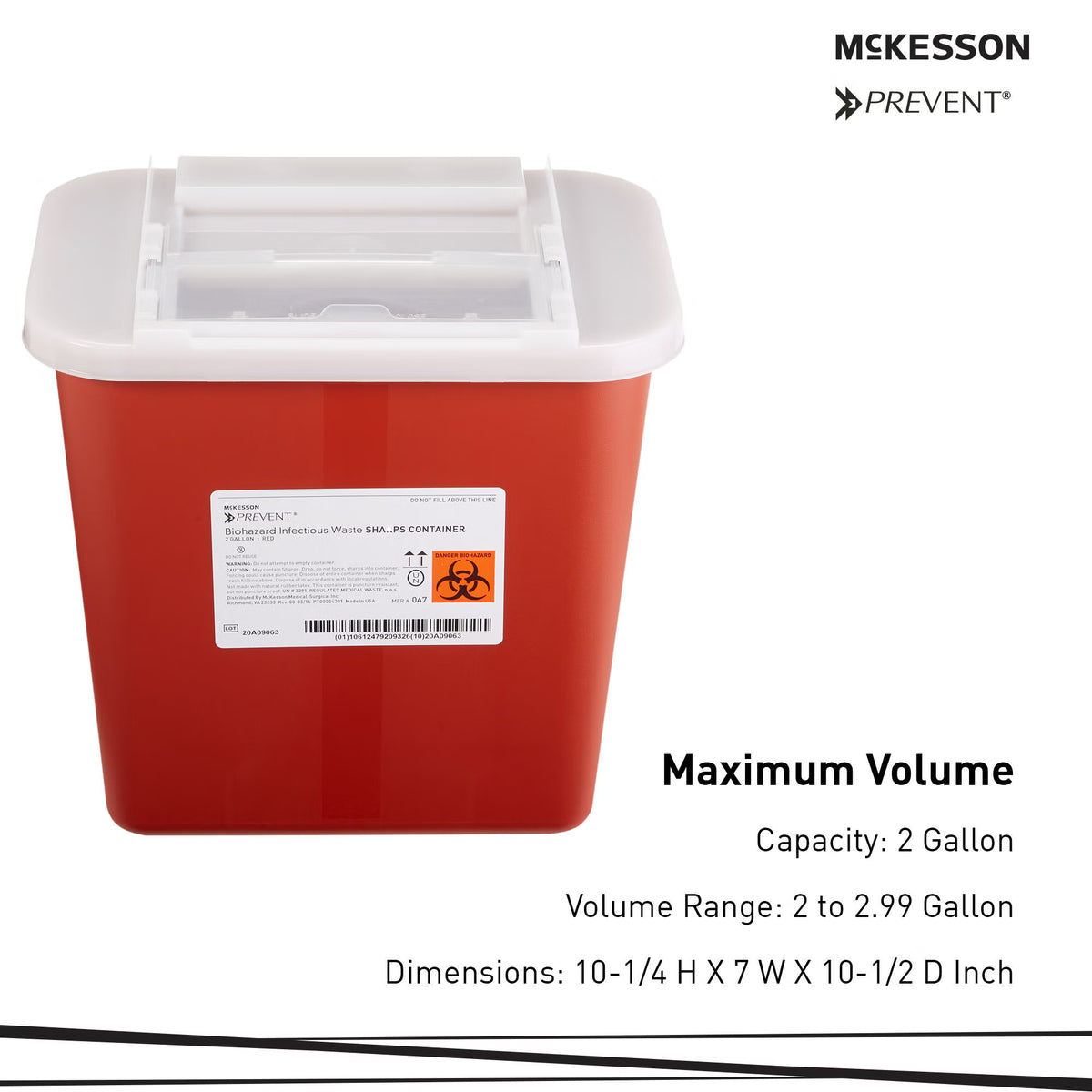 McKesson Prevent® Sharps Container, 2 Gallon, 10-1/4 x 7 x 10-1/2 Inch