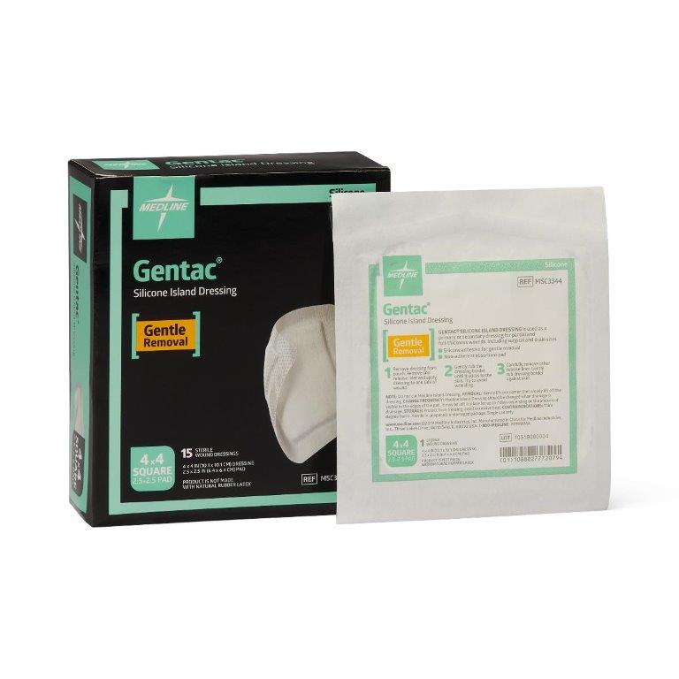 Gentac Silicone Adhesive Island Wound Dressing, 4" x 4", Pad Size 2.5" x 2.5", EA/1