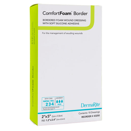 ComfortFoam™ Border Foam Wound Dressing with Soft Silicone Adhesive, 5 x 12.8 cm, BX/10