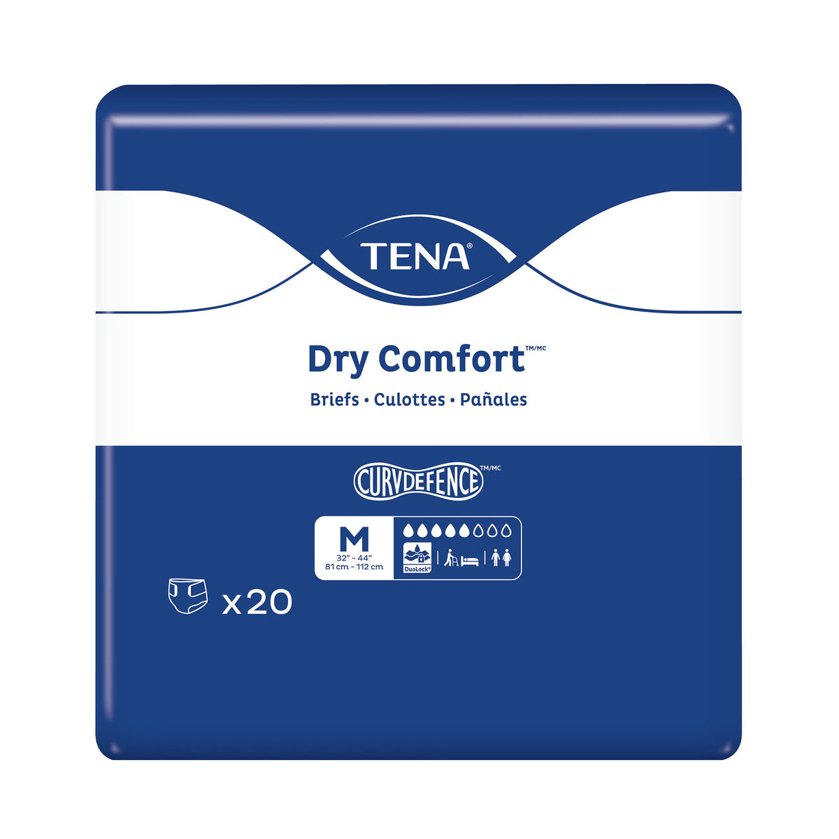 Tena® Dry Comfort™ Briefs with Curvdefence™, Medium, 32 – 44 Inch, Five Drops, CS/80