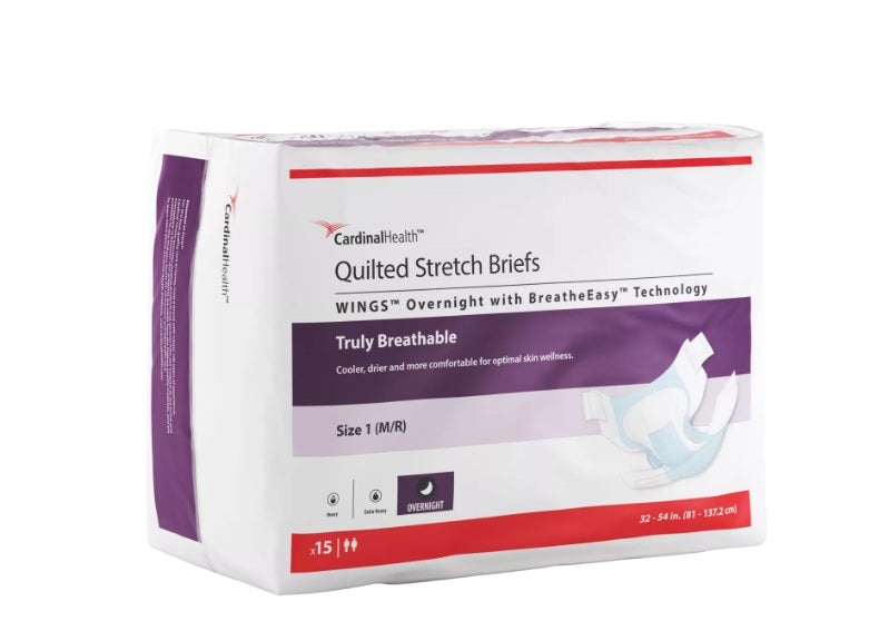 Cardinal Health WINGS Overnight Quilted Stretch Brief with BreatheEasy Technology, Size 1 (M/R), Blue