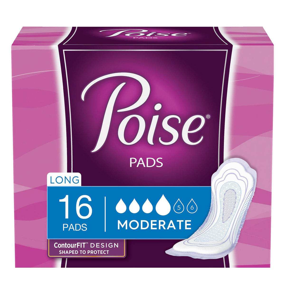 Poise® Bladder Control Pads, Women, Moderate Absorbency, 12.4 Inches, CS/96