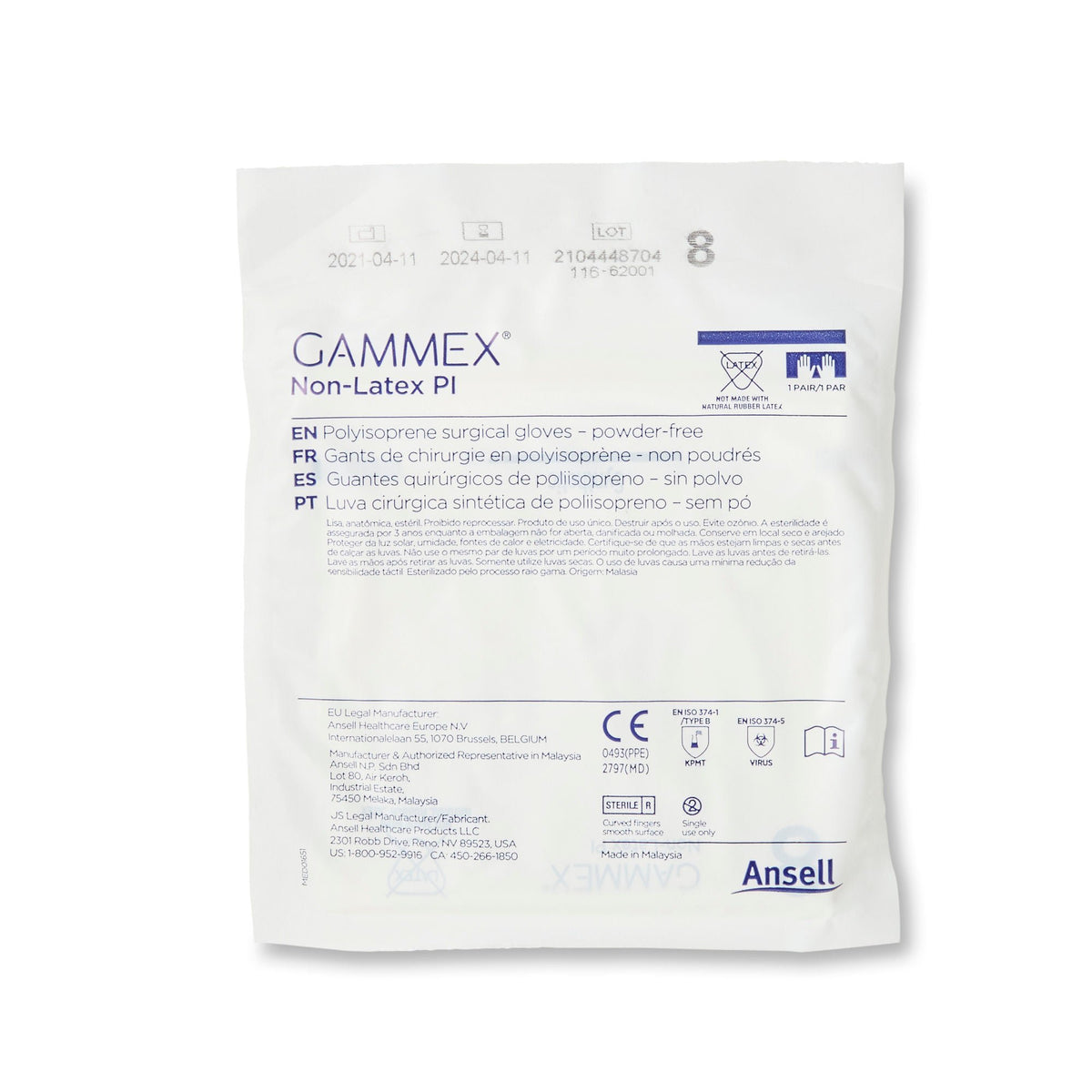 Gammex® Non-Latex PI Polyisoprene Surgical Glove, Size 8, White