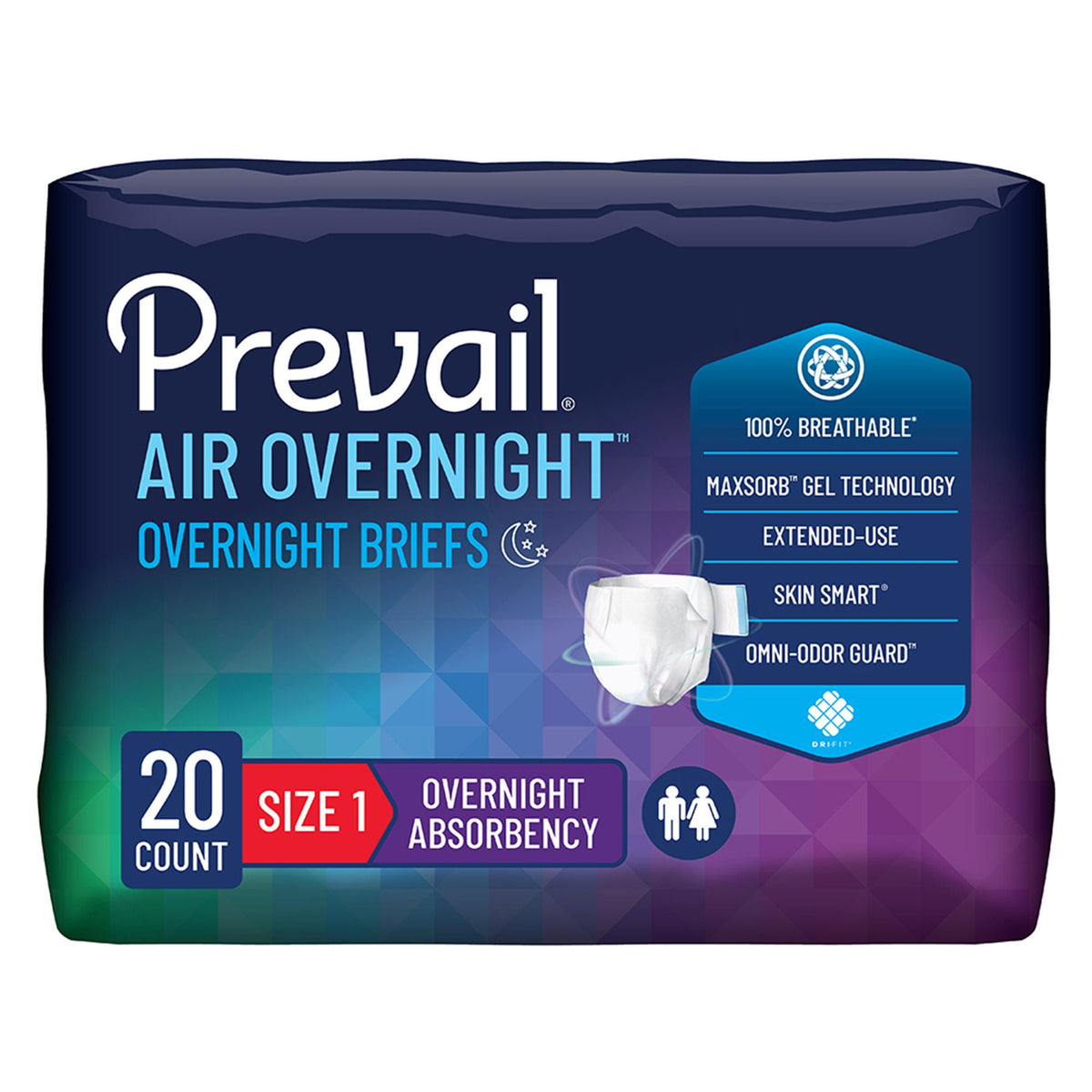 Prevail Air™ Overnight Briefs Overnight Absorbency, Size 1, PK/20