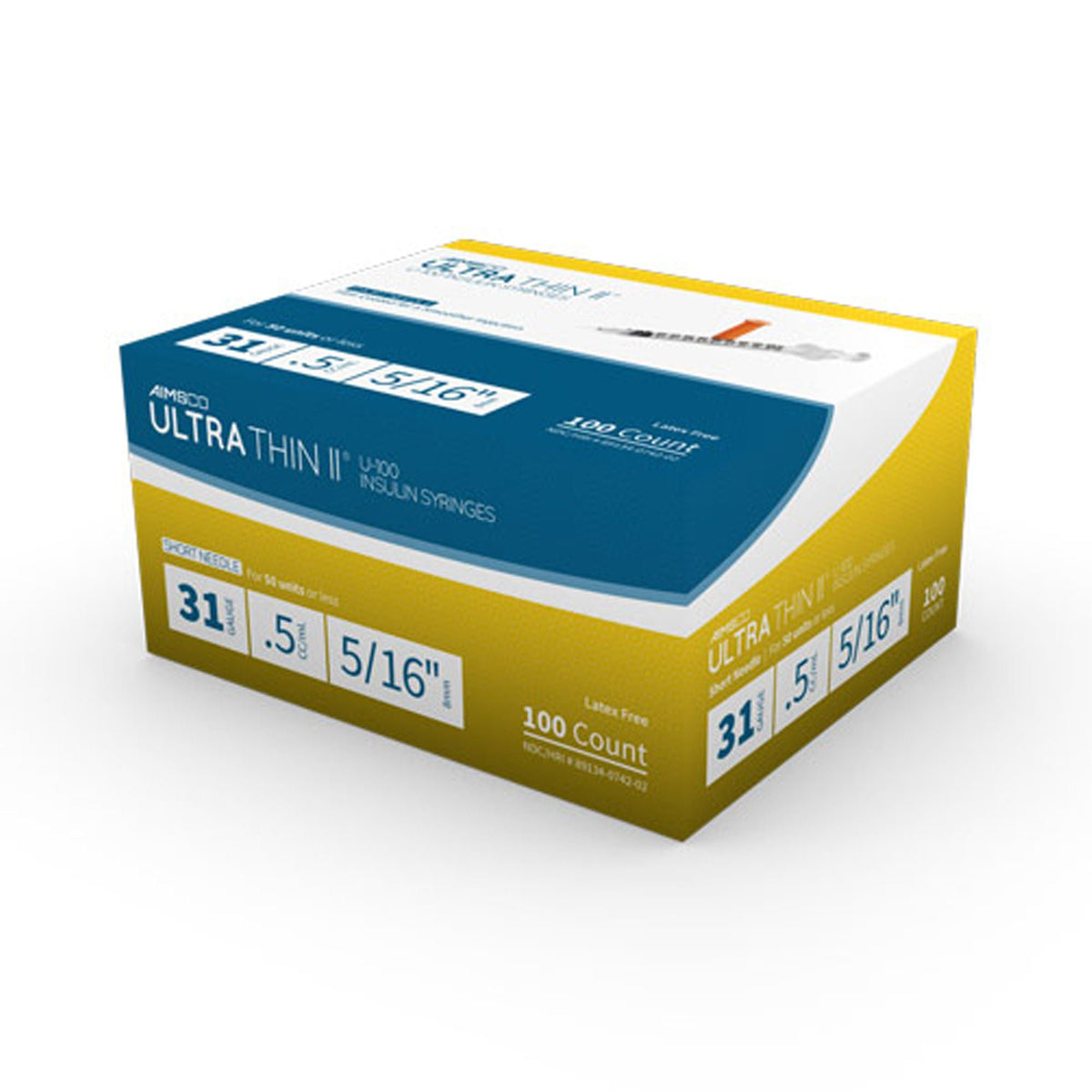 Ultra-Thin II Standard Insulin 0.5 mL Syringe with Needle, 31 Gauge, 5/16 Inch, BX/100
