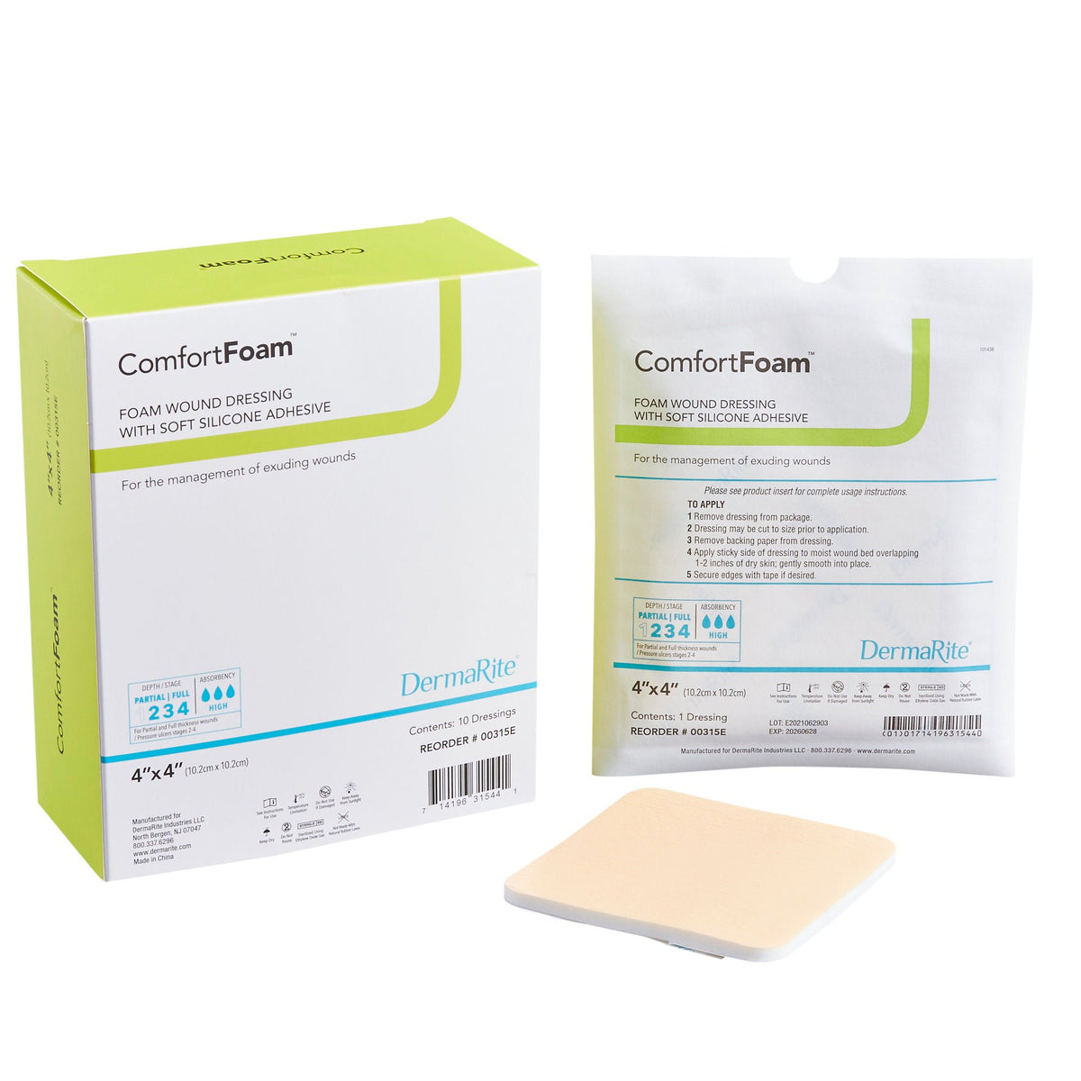 ComfortFoam™ Silicone Adhesive without Border Silicone Foam Dressing, 4 x 4 Inch, BX/10