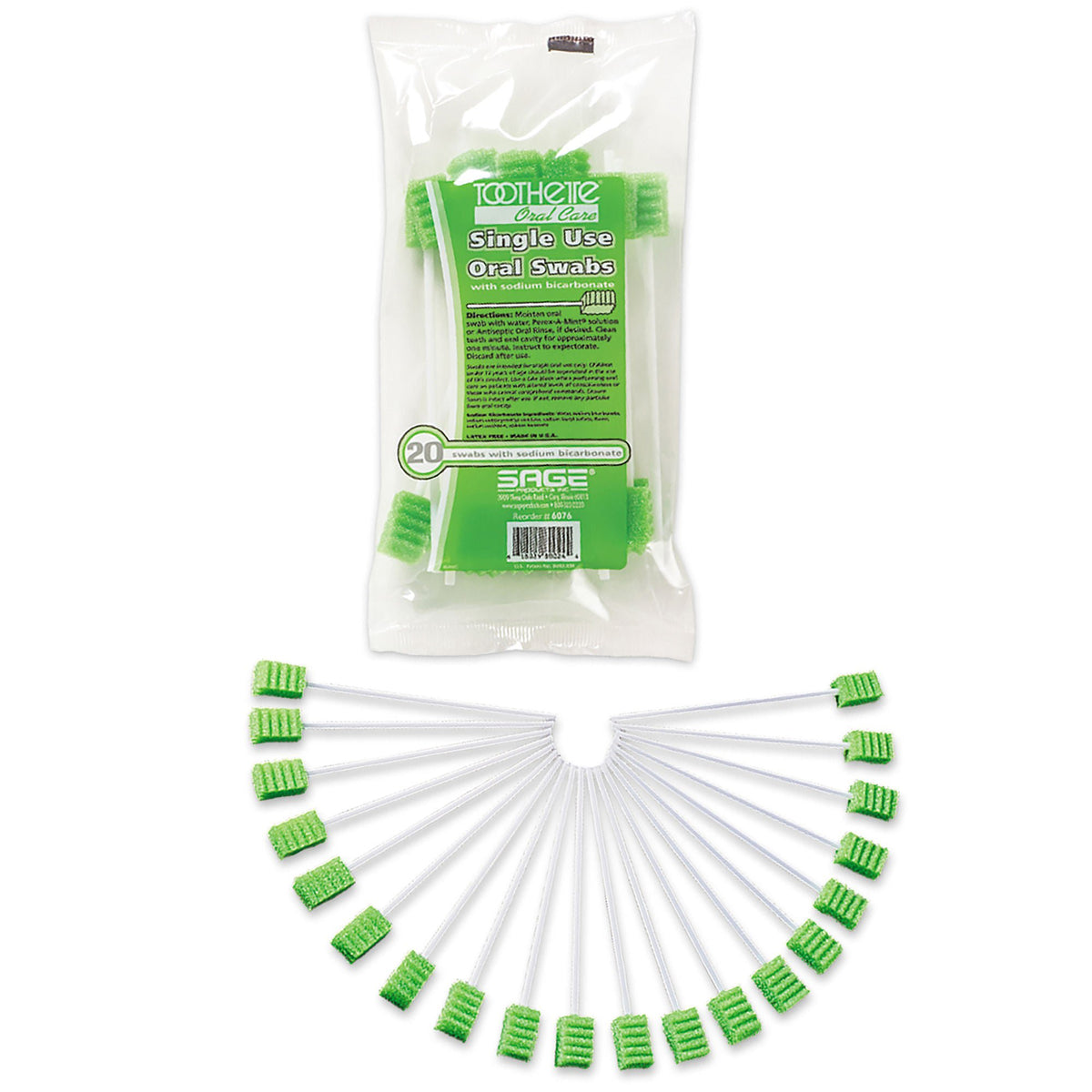 Toothette Plus Oral Swabsticks Foam Tip, Green, 6 Inch, Individually Wrapped, PK/20