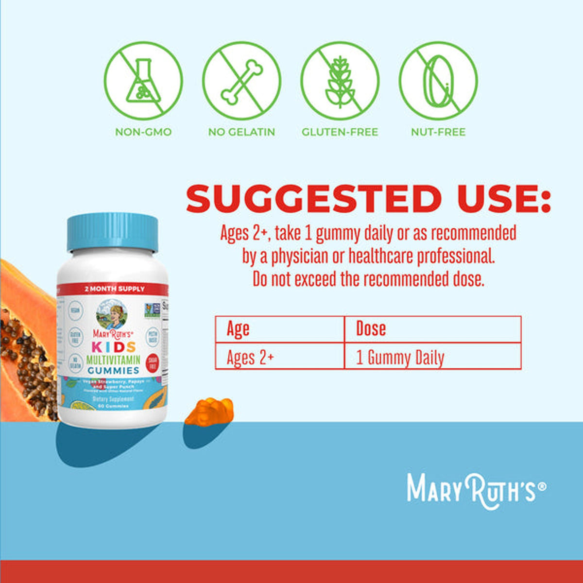 Dietary Supplement Mary Ruth's® Kids Multivitamin Vitamin A / C / D / E 390 mcg - 10 mg - 3 mcg - 4 mg Strength Gummie 60 Per Bottle Fruit Flavor