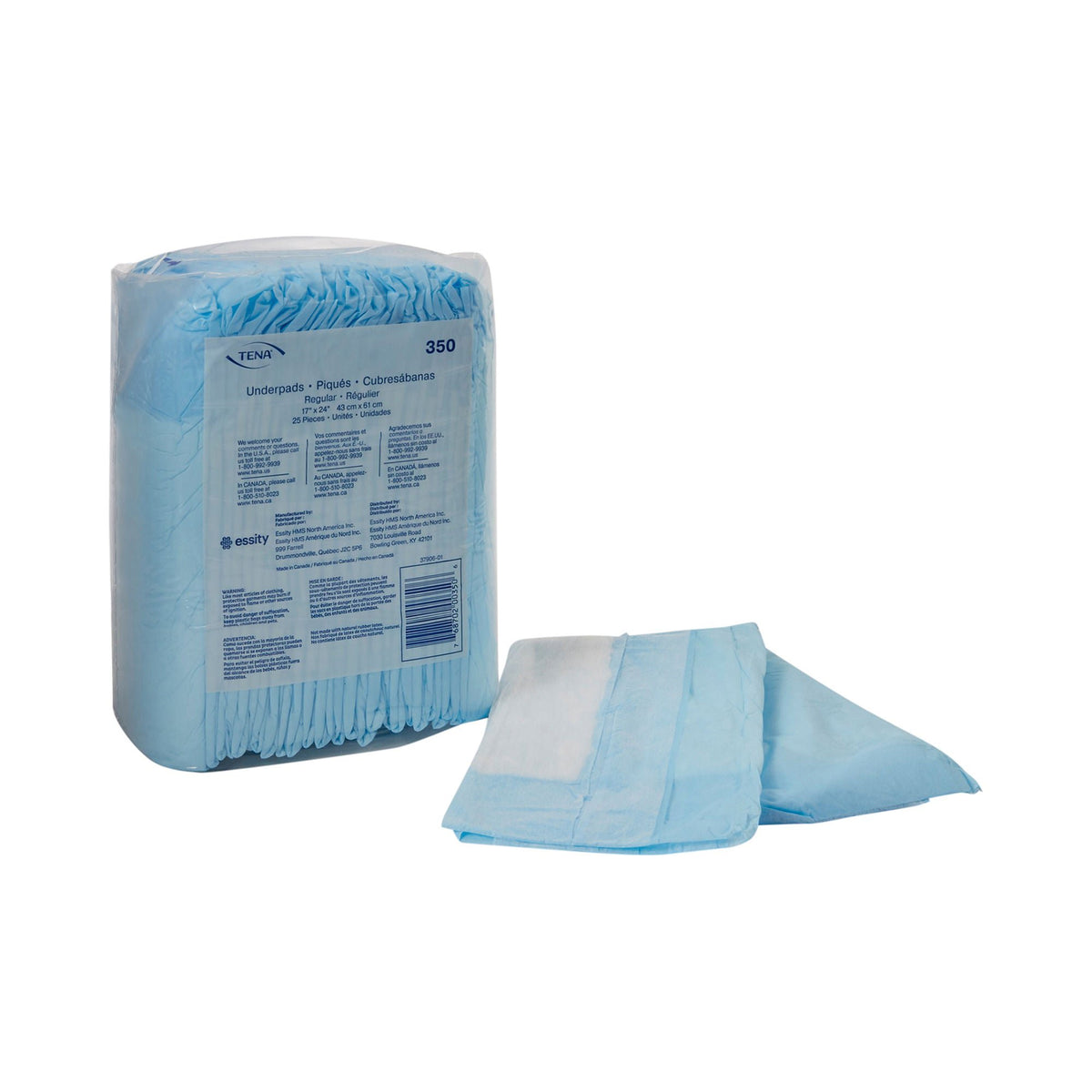 TENA Regular Underpads, Light Absorbency, Blue, Disposable, Latex-Free, CS/12