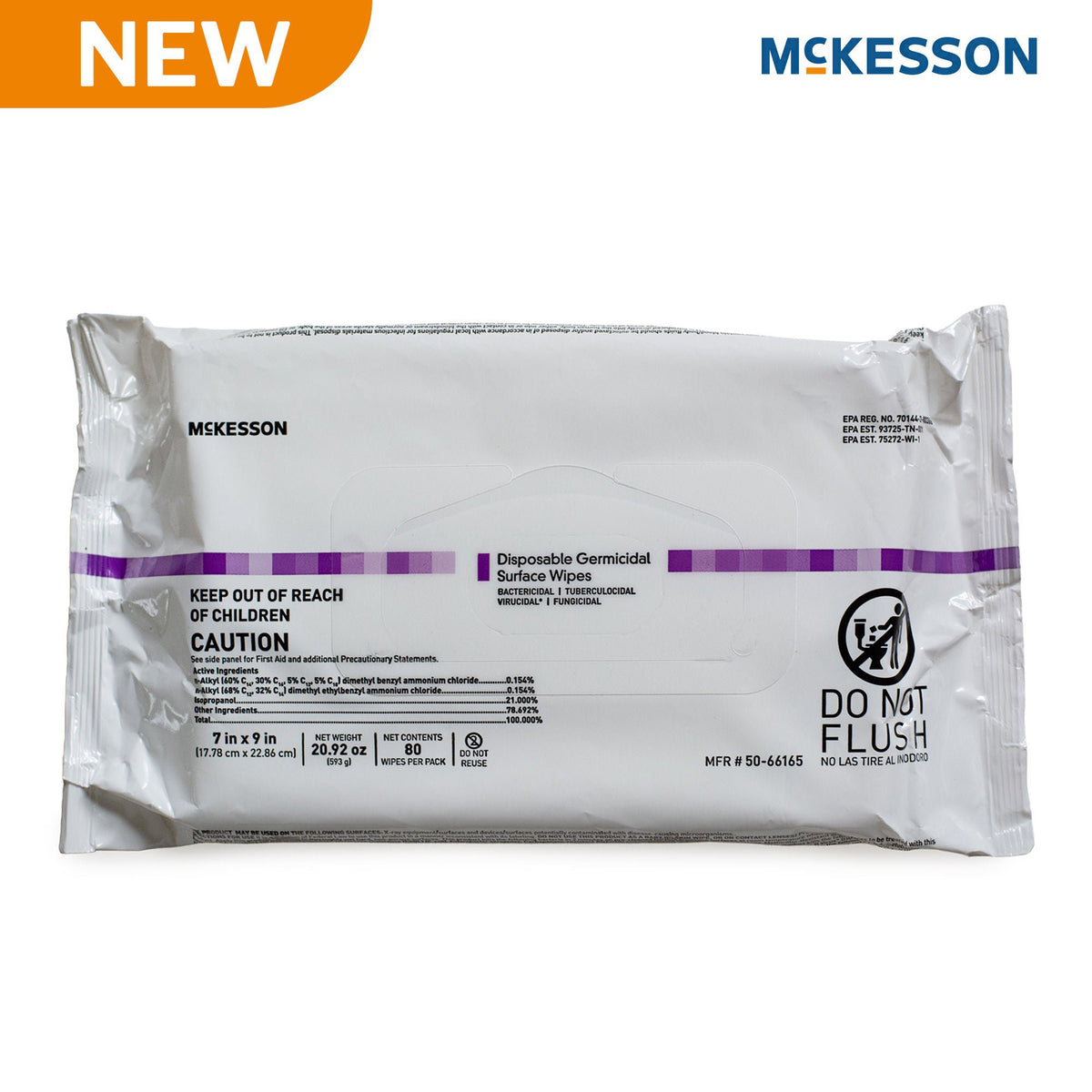 McKesson Premoistened Germicidal Wipe Surface Disinfectant Cleaner, 7 x 9 Inch, PK/80