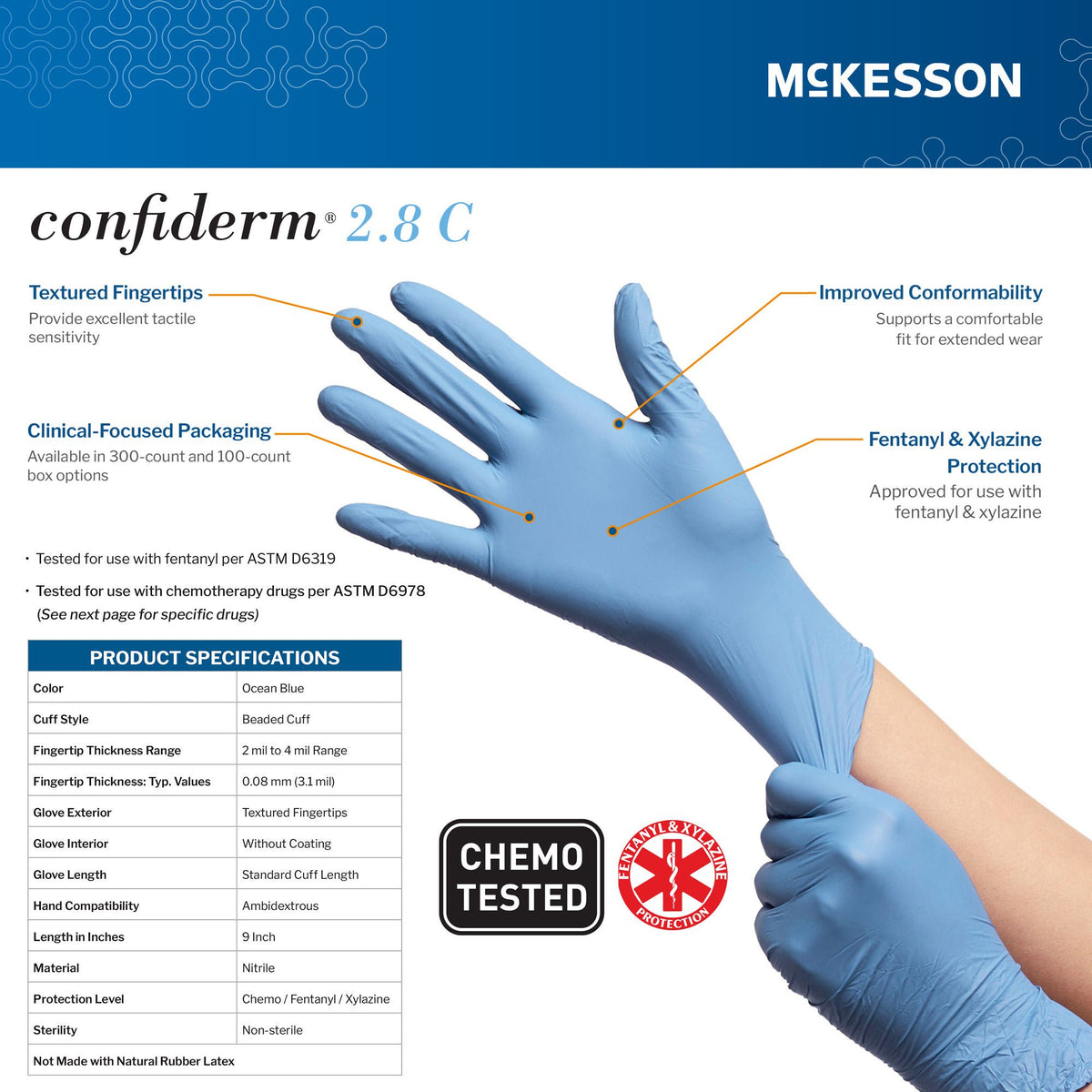 McKesson Confiderm® 2.8C Nitrile Exam Gloves, Extra Large, Ocean Blue