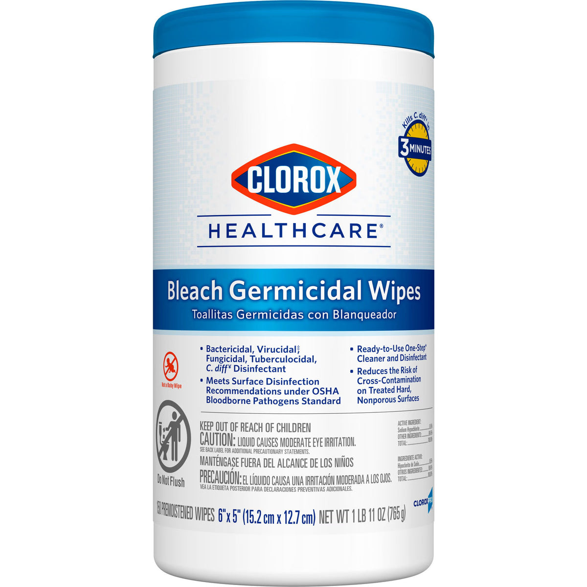 Clorox Healthcare® Bleach Germicidal Wipes, Canister, 150 ct., CS/6