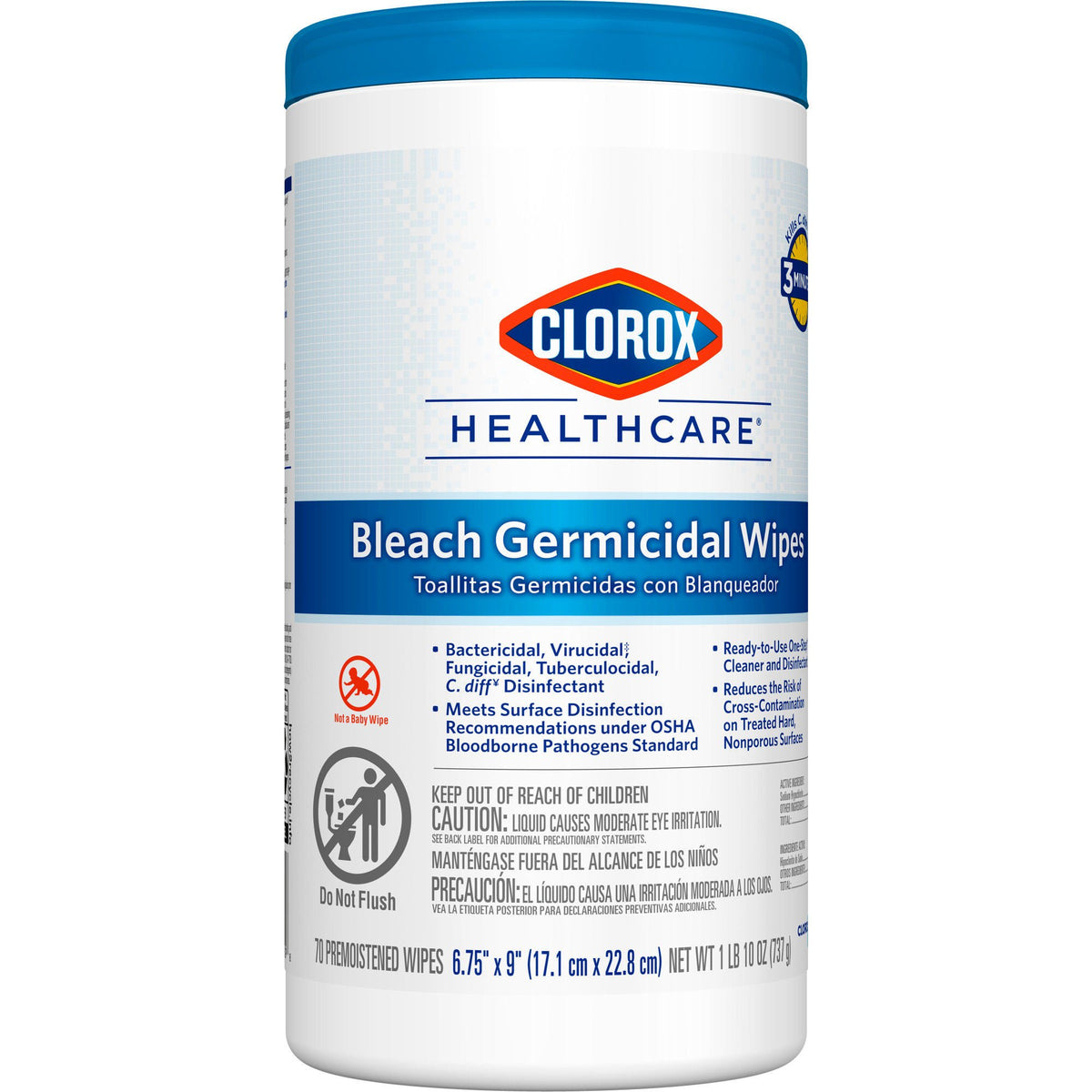 Clorox Healthcare® Bleach Germicidal Wipes, Canister, 70 ct., CT/1