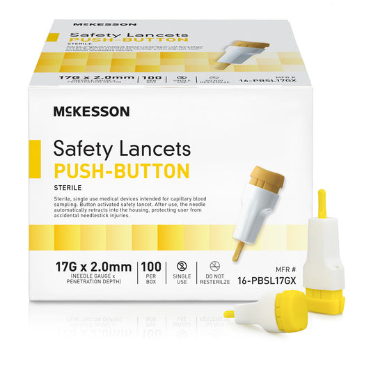 McKesson Push Button Safety Lancet, 17G x 2.0mm, BX/100