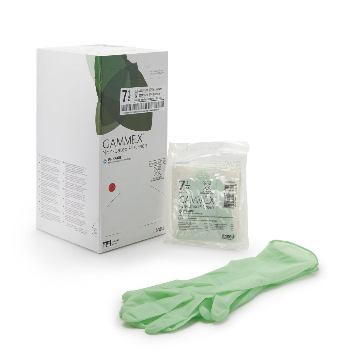 Gammex® Non-Latex PI Green Polyisoprene Surgical Glove, Size 7.5, Light Green, BX/50
