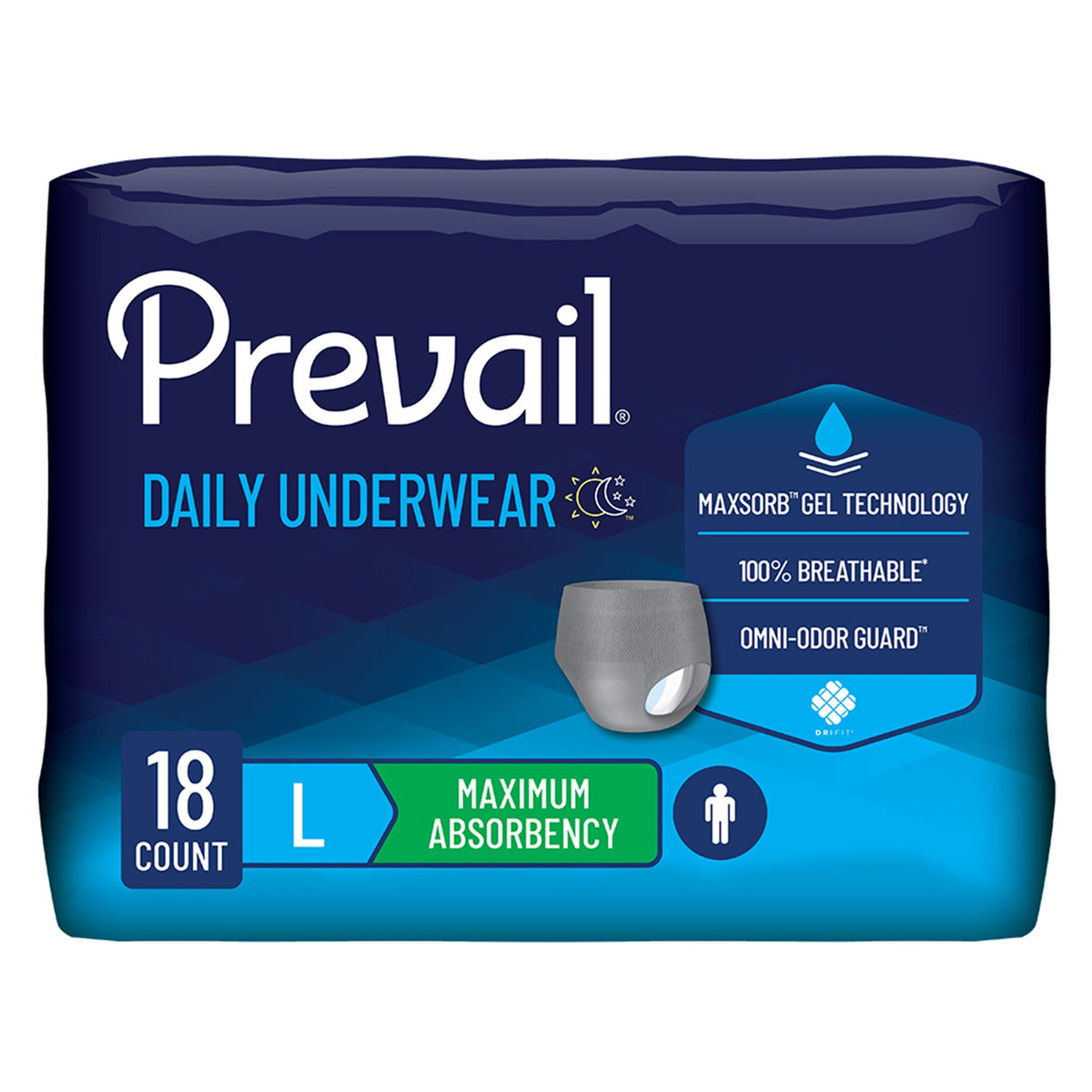 Prevail® Men's Daily Underwear Maximum Absorbent Underwear, Large / Extra Large, BG/18