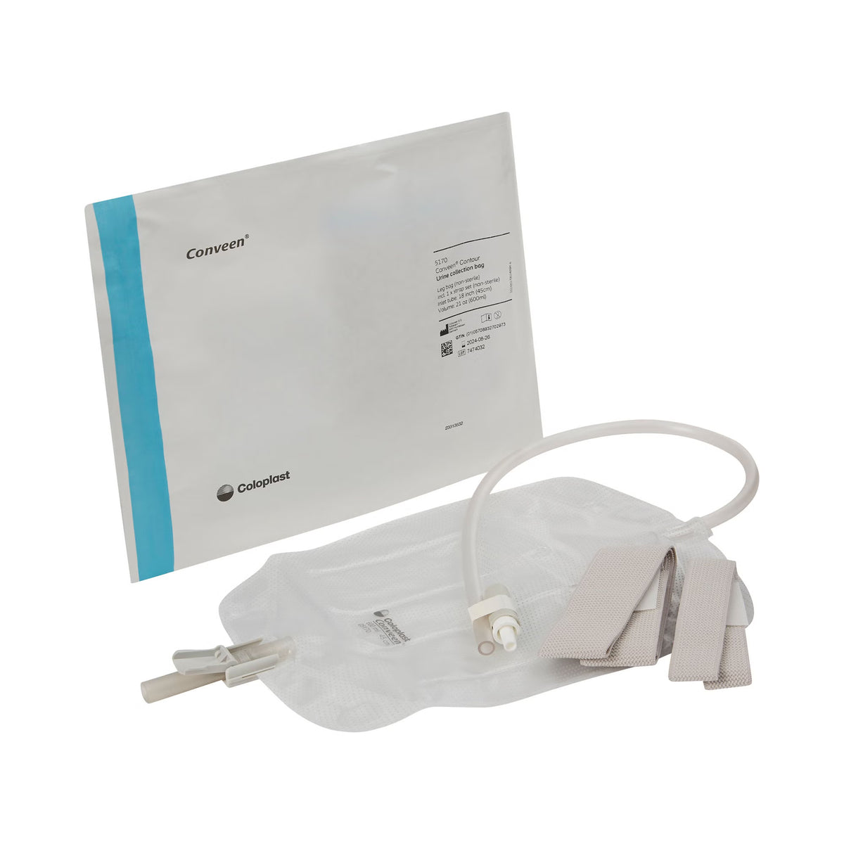 Conveen® Contour Urinary Leg Bag: Anti-Reflux Valve, Polyethylene/Flocked, 600mL, EA/1