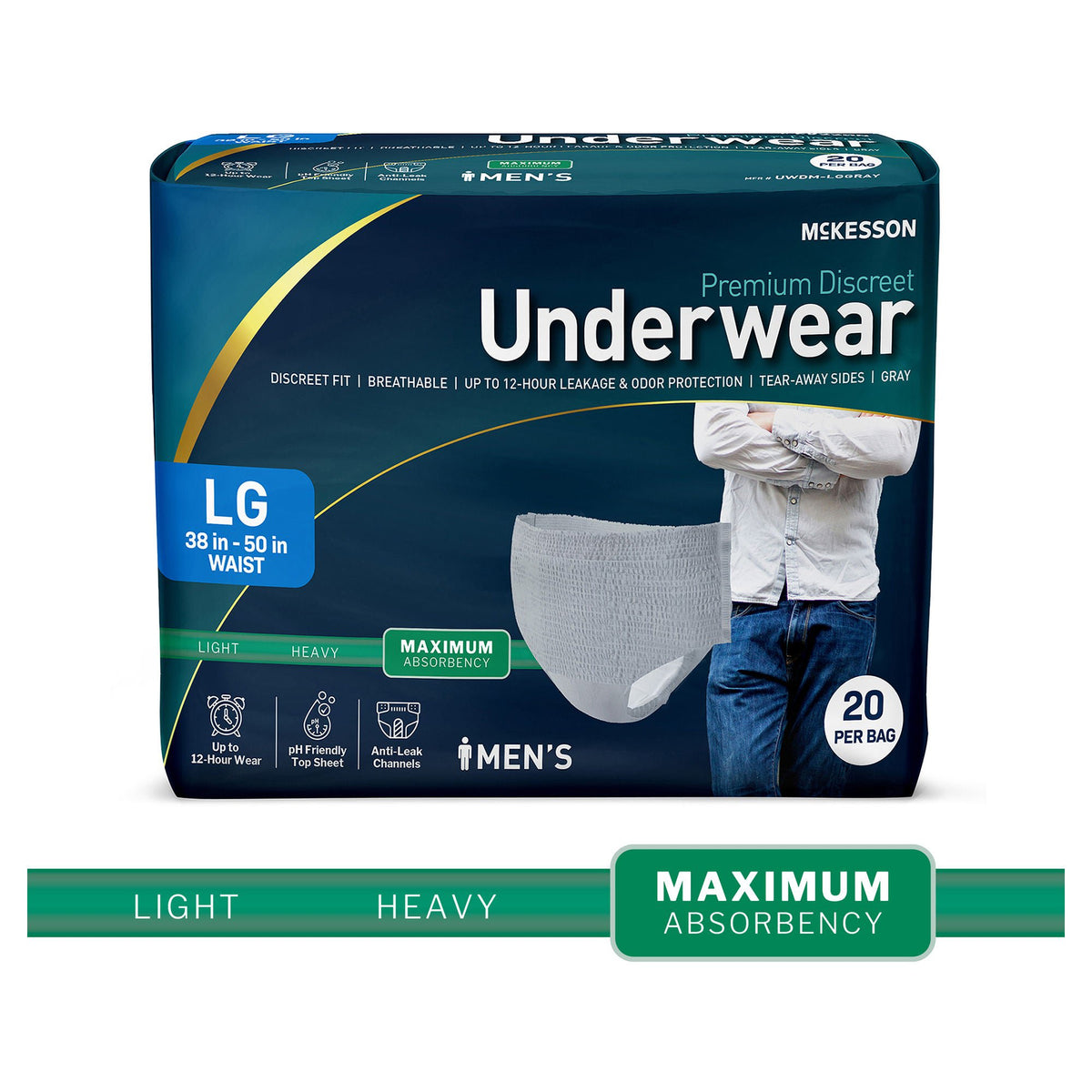 McKesson Premium Discreet Underwear for Men, Maximum Absorbency, Large, CS/80