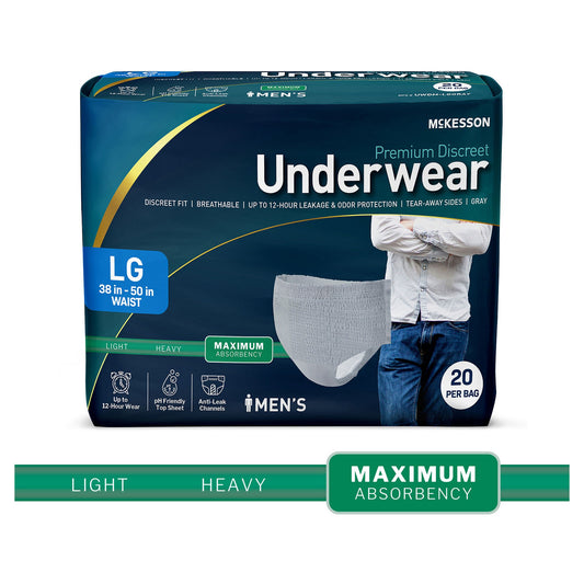 McKesson Premium Discreet Underwear for Men, Maximum Absorbency, Large, CS/80