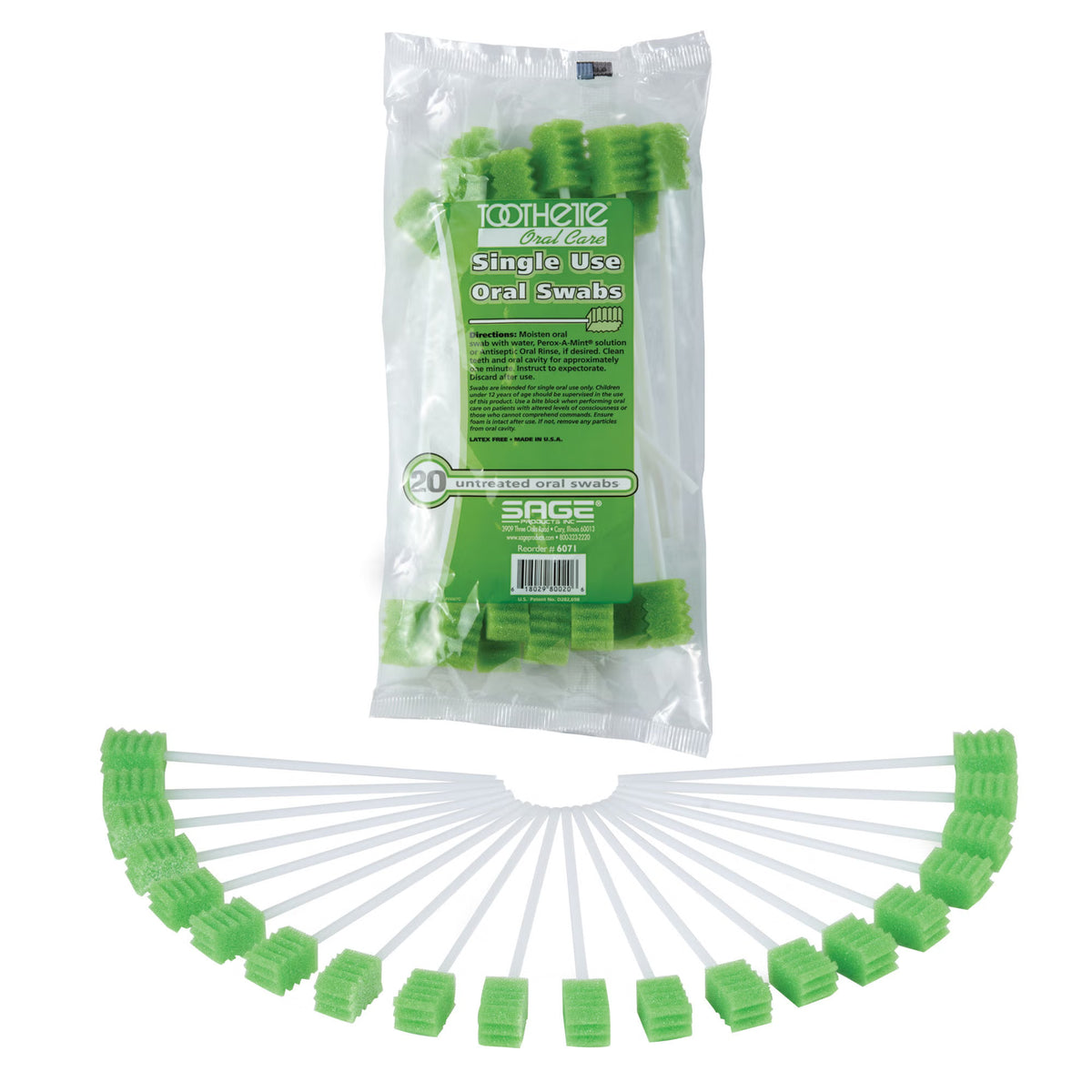 Toothette Plus Oral Swabsticks Foam Tip Untreated, 6-Inch Length, Green, PK/1