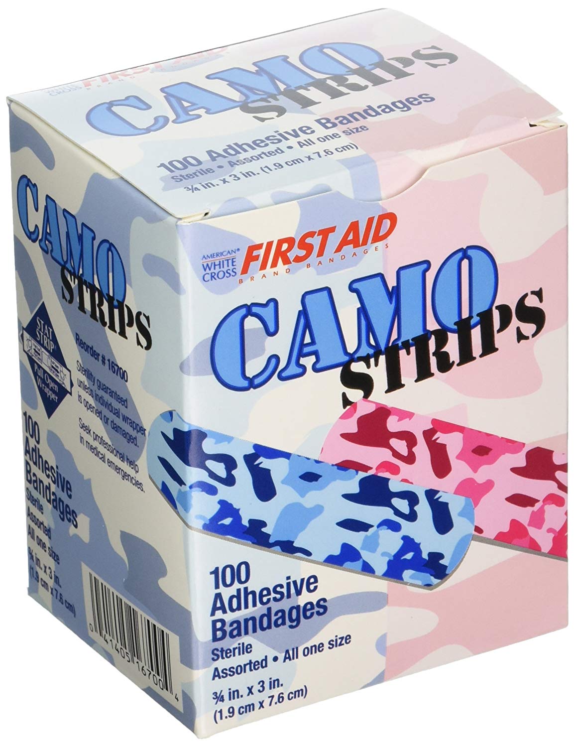 American® White Cross Stat Strip® Kid Design (Blue / Pink Camo) Adhesive Strip, BX/100