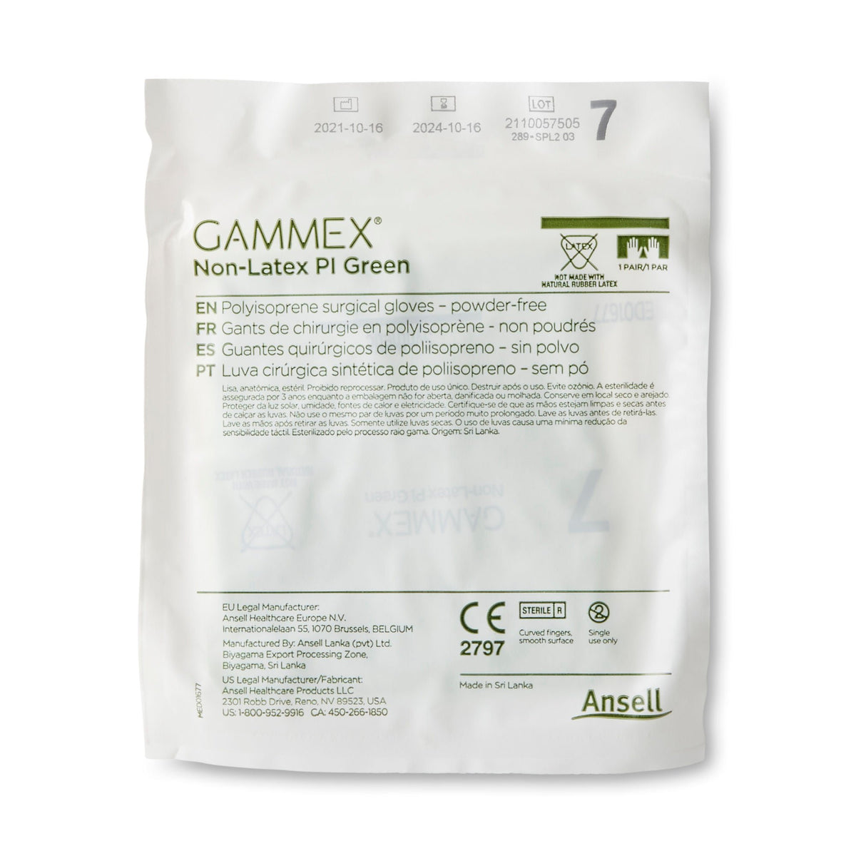 Gammex® Non-Latex PI Green Polyisoprene Surgical Glove, Size 7, Light Green
